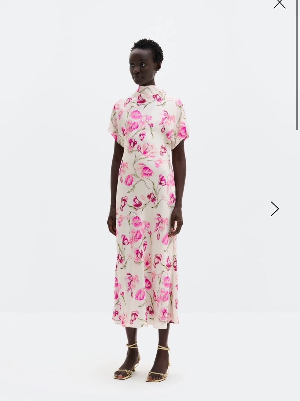 By Malina white Midi Dress with Pink Floral Print turtleneck short sleeve XL